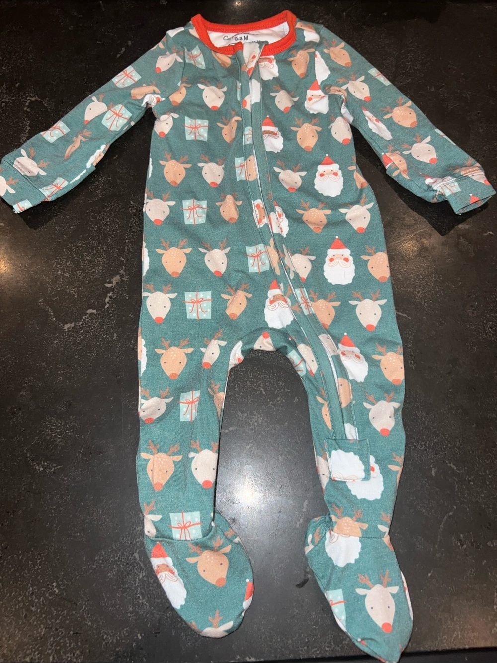 Copper Pearl Holiday Reindeer & Santa Green Footed One-Piece Pajamas